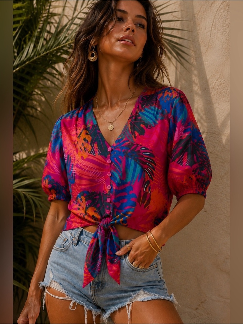 Joie Pink Red Multicolour Tropical Tie-Front Blouse with V-neck, small